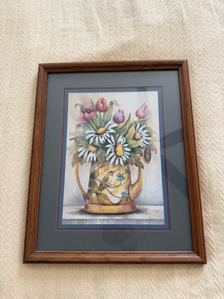 Vintage Frankie Buckley “Floral Hummingbird Watering Can” Framed Artwork