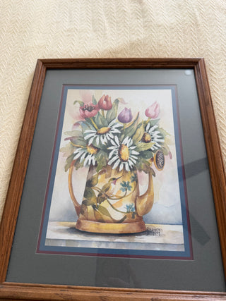 Vintage Frankie Buckley “Floral Hummingbird Watering Can” Framed Artwork