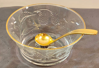 Vintage France Glass Gold Trim Berry Jam Bowl Embossed Berry Pattern & Spoon