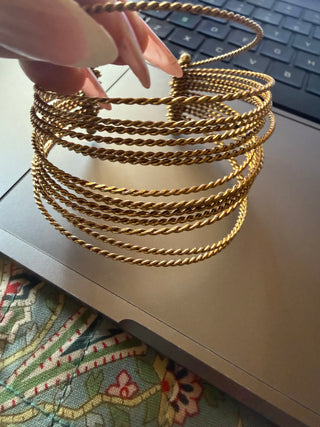 Gold tone 15 Strand twist twisted rope metal bangle cuff  1" Wide