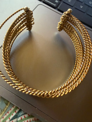 Gold tone 15 Strand twist twisted rope metal bangle cuff  1" Wide