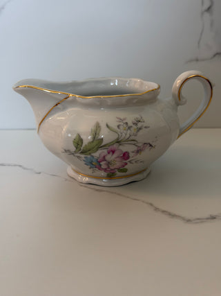 Vintage Oscar Schaller & Co. Bavaria Porcelain Floral Creamer with Gold Trim