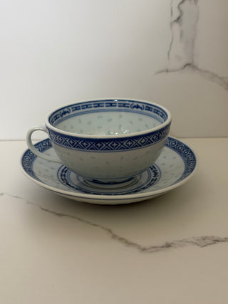 Vintage Jingdezhen Chinese Blue & White Dragon Rice Grain Teacup & Saucer Set