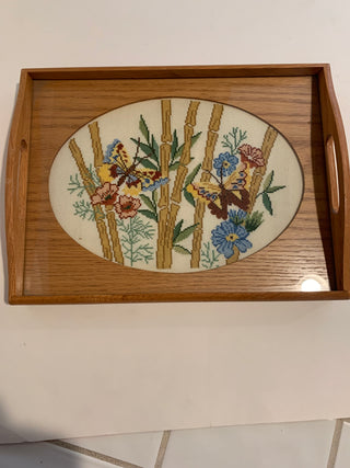Vntg Wood Tray w/Needlepoint