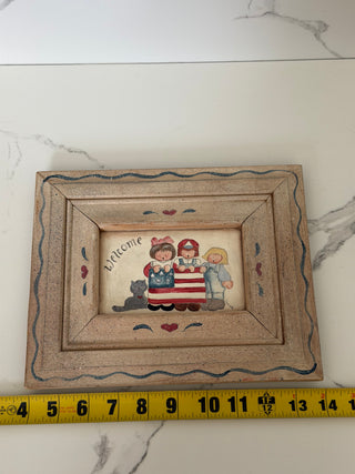 Vintage Primitive Wood Framed Americana Artwork