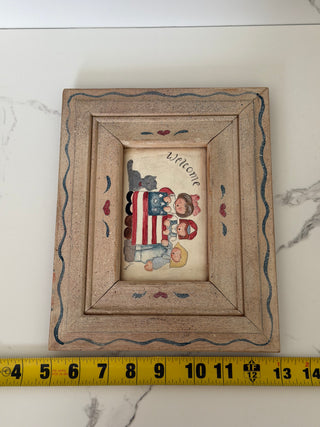 Vintage Primitive Wood Framed Americana Artwork