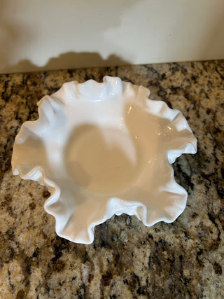 Ruffled Milk Glass  Bonbon Dish/Pillar Candle Holder/Trinket Dish