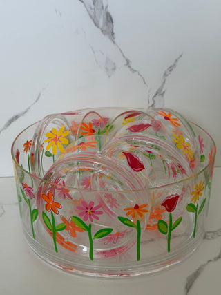 Vintage Mid-Century Style Clear Acrylic Floral Serving Bowl & Individual Bowl Set - 5 Piece