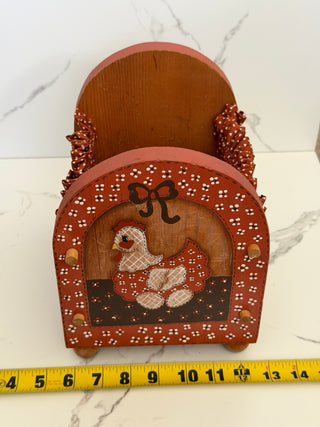 Vintage 1980s Folk Art Chicken Napkin Cradle Caddy