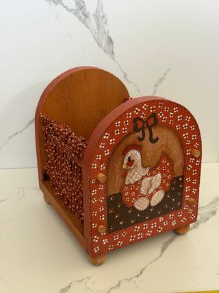 Vintage 1980s Folk Art Chicken Napkin Cradle Caddy