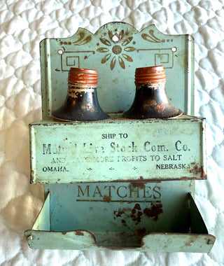 Antique Painted Metal Wall-Hanging Match Safe/Salt & Pepper Shakers