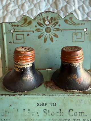 Antique Painted Metal Wall-Hanging Match Safe/Salt & Pepper Shakers