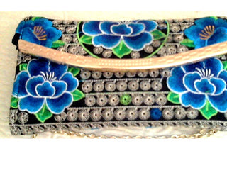 Blue Floral Embroider Clutch /Baghete/Shoulder wallet purse lined black