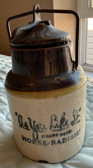Antique "As You Like It" Stoneware Horseradish Jar
