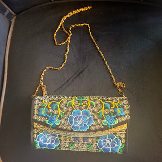 Blue Floral Embroider Clutch /Baghete/Shoulder wallet purse lined black