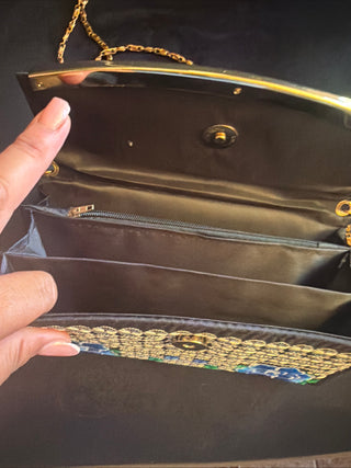 Blue Floral Embroider Clutch /Baghete/Shoulder wallet purse lined black