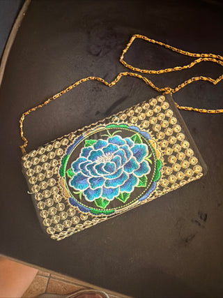 Blue Floral Embroider Clutch /Baghete/Shoulder wallet purse lined black