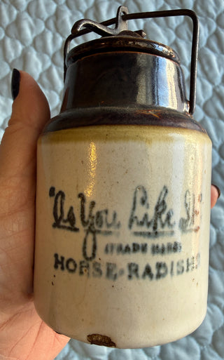 Antique "As You Like It" Stoneware Horseradish Jar