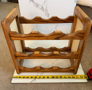 Vintage MCM Solid Oak and Woven Cane Countertop Wine Rack | 9 Bottle Holder