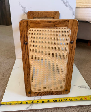 Vintage MCM Solid Oak and Woven Cane Countertop Wine Rack | 9 Bottle Holder