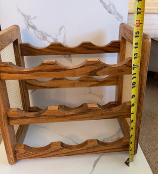 Vintage MCM Solid Oak and Woven Cane Countertop Wine Rack | 9 Bottle Holder