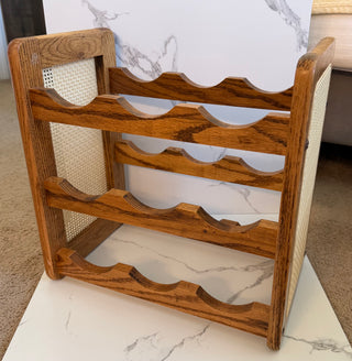 Vintage MCM Solid Oak and Woven Cane Countertop Wine Rack | 9 Bottle Holder