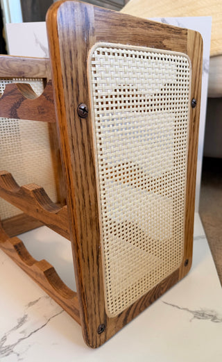 Vintage MCM Solid Oak and Woven Cane Countertop Wine Rack | 9 Bottle Holder