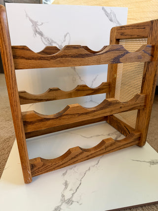 Vintage MCM Solid Oak and Woven Cane Countertop Wine Rack | 9 Bottle Holder