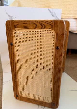Vintage MCM Solid Oak and Woven Cane Countertop Wine Rack | 9 Bottle Holder