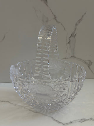 Vintage Anna Hütte Lead Crystal Basket with Handle | Frosted Rose & Diamond Pattern