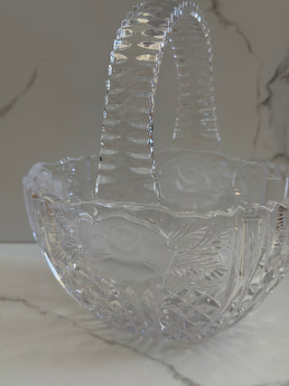 Vintage Anna Hütte Lead Crystal Basket with Handle | Frosted Rose & Diamond Pattern