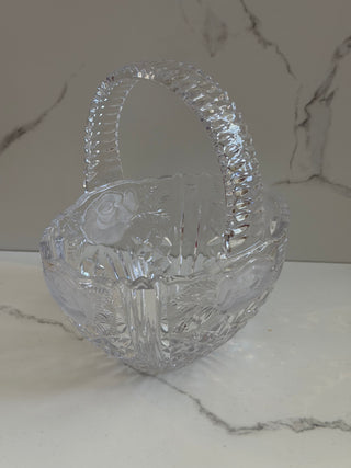 Vintage Anna Hütte Lead Crystal Basket with Handle | Frosted Rose & Diamond Pattern