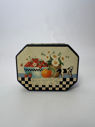 Vintage Octagonal Tin Box Checkerboard Strawberry Daisy Country Decor