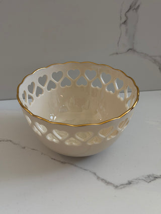 Vintage Lenox Ivory Porcelain Pierced Heart Bowl with 24K Gold Trim & Embossed Interior Rose