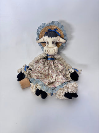 Vintage Handmade Fabric Cow Doll, Girl in Bonnet & Floral Dress