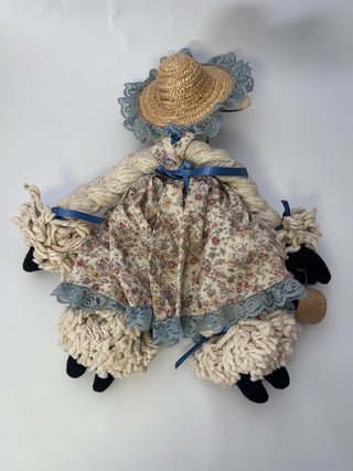 Vintage Handmade Fabric Cow Doll, Girl in Bonnet & Floral Dress