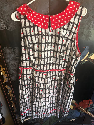 Retrolicious Portrait Cats Fit & Flare Dress Black& White with Red and White polkadots 2X