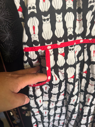 Retrolicious Portrait Cats Fit & Flare Dress Black& White with Red and White polkadots 2X