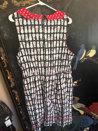 Retrolicious Portrait Cats Fit & Flare Dress Black& White with Red and White polkadots 2X