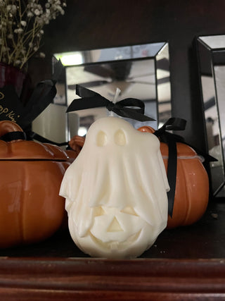 Candle White Ghost on Pumpkin w/bow or no bow