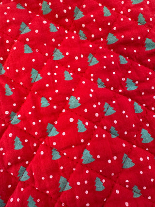 Vintage Quilted Christmas Tree Skirt, Red Green Trees, ~48in, Tie Closures