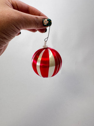 Vintage Red Ivory Striped Satin Thread Ball Christmas Ornament Single
