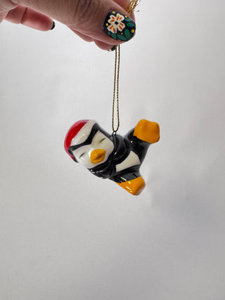 Vintage Ceramic Penguin Christmas Ornament Red Santa Hat Black White