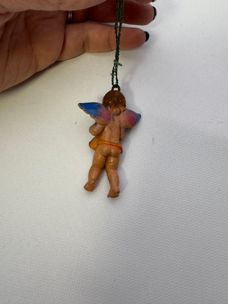 Vintage Cherub Angel Horn Christmas Ornament Blue Pink Wings