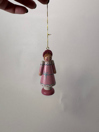 Vintage Painted Wooden Girl Christmas Ornament Pink Dress Teal Bow