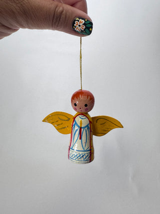 Vintage Painted Wooden Angel Christmas Ornament Yellow Wings Blue White Robe