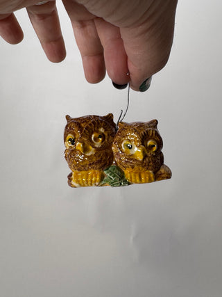 Vintage Glazed Ceramic Double Owl Hanging Ornament Brown Yellow Green