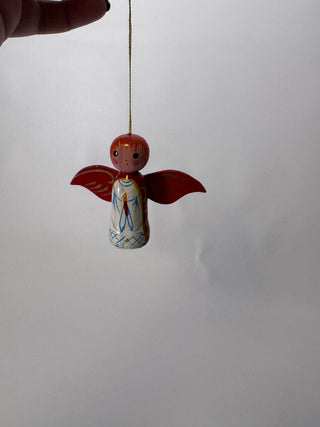 Painted Wooden Angel Ornament Red Wings Blue White Candle Robe