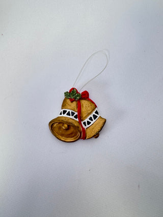 Gold Double Bell Christmas Ornament Red Ribbon Holly Single