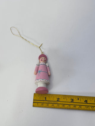 Vintage Painted Wooden Girl Christmas Ornament Pink Dress Teal Bow